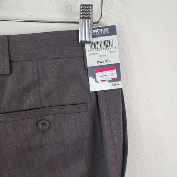 Kenneth Cole Reaction Wool Stop Blend Brown 32x28 Dress Pants Flat Front New - Picture 4 of 8